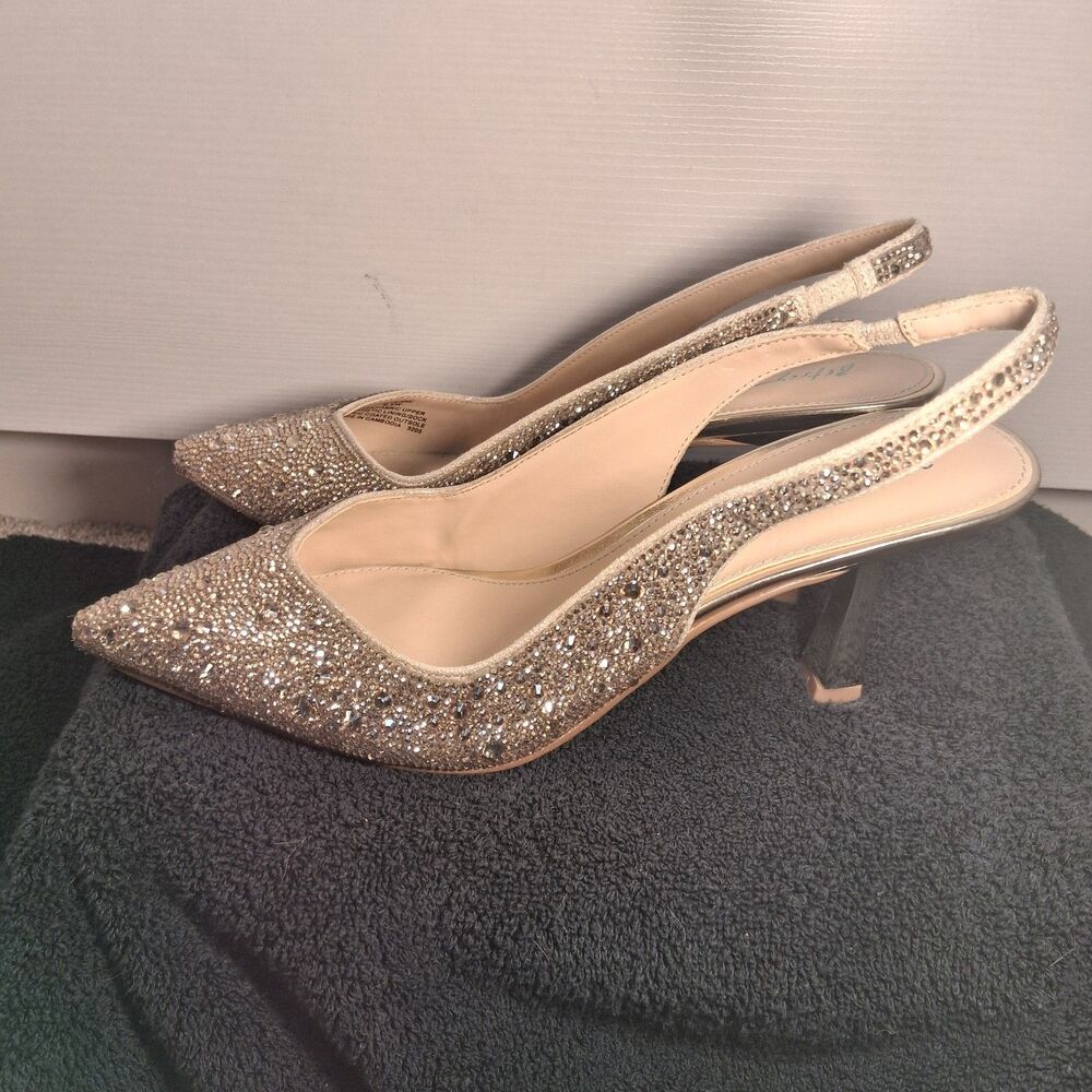 Betsey Johnson Clark Gold Rhinestone Curved Kitten Heels Size 8.5 Wide Glam - Picture 7 of 13